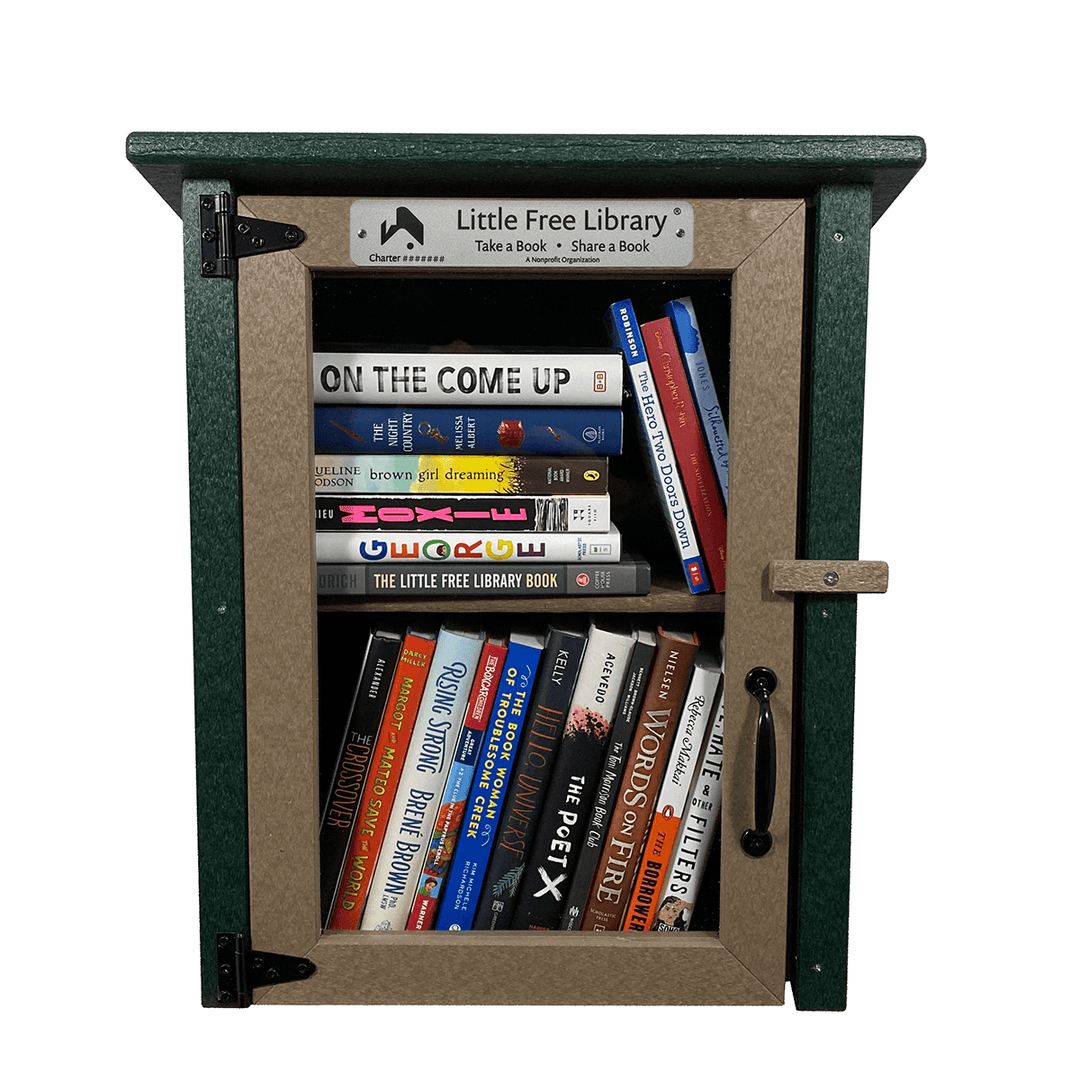 Facade View of a Composite Two Story Forest Little Free Library with Books