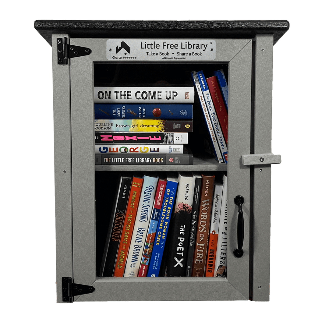 Books in a Composite Two Story Gray Kit Little Free Library with Shelf