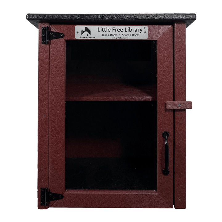Empty Composite Two Story Maroon Little Free Library with Shelf Installed