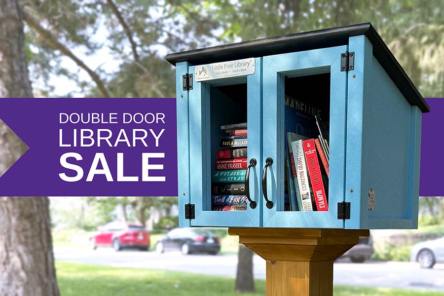 Double Door Library Sale | A Little Free Library in light blue in the sunlight