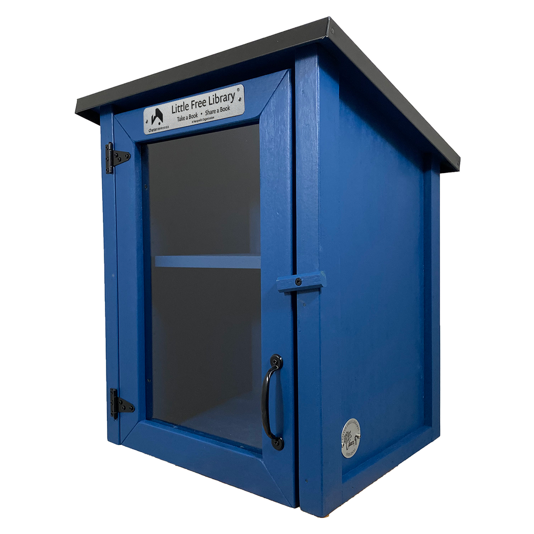 Two Story Shed Blue Kit Little Free Library with Shelf, shown without books