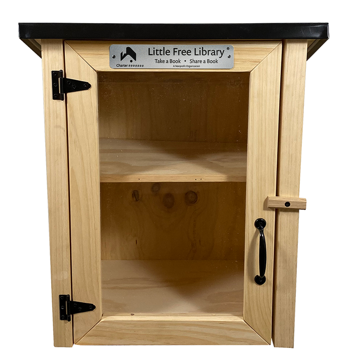 Two Story Shed Unfinished Kit Little Free Library with shelf installed, empty